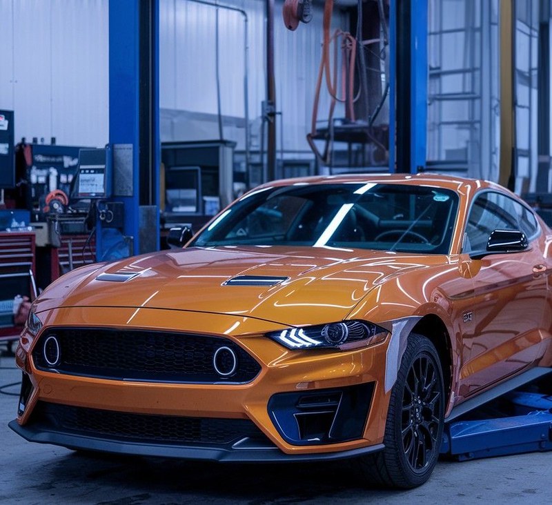 Orange Ford Mustang in Downtown Garage and Auto Body Ford Body Shop explorer