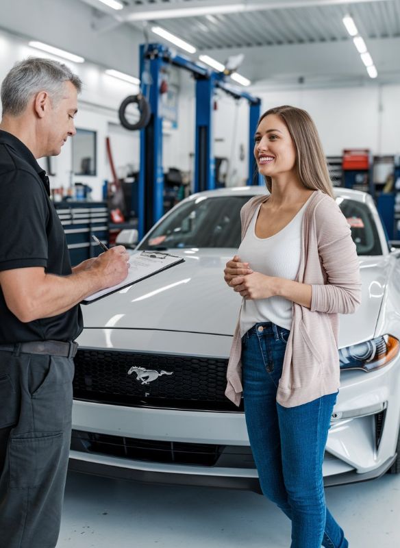 customer with a Ford Mustang talking to body shop technician Fredericksburg Ford Body shop mustang