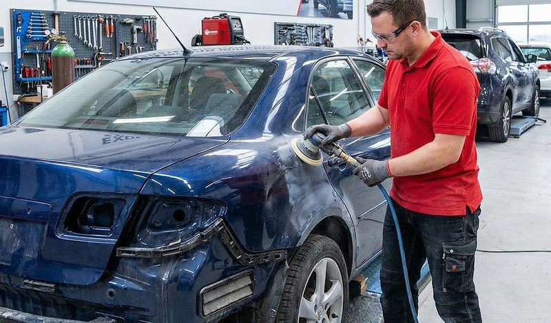 Auto body technician sanding down quarter panel-Downtown Garage