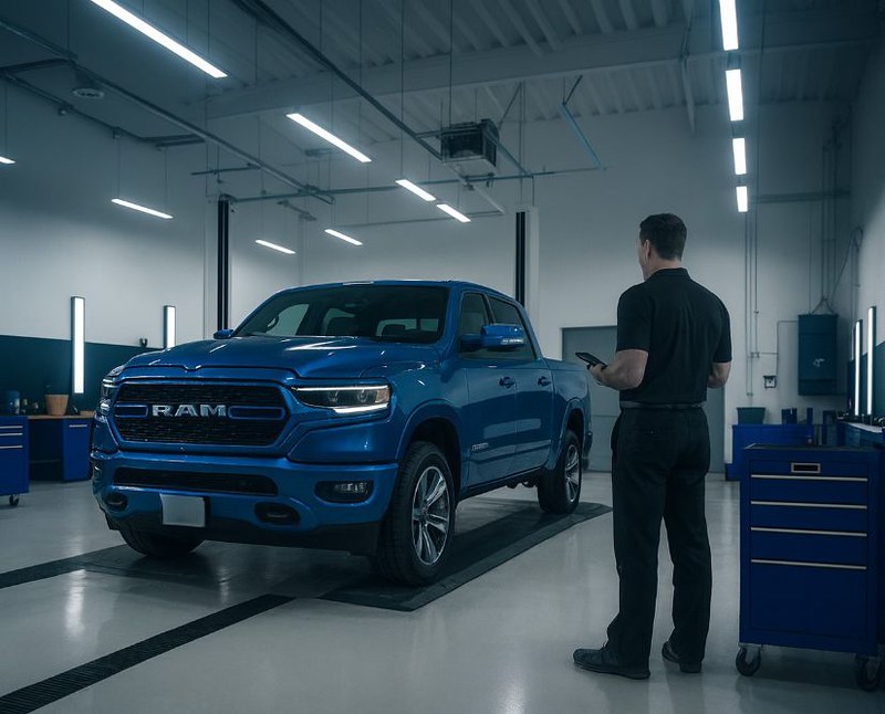 Technician doing estimate on blue RAM truck-Auto Body Shop
