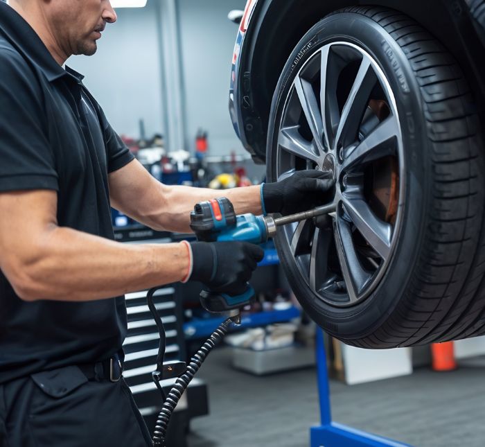 Technician removing tire for Brake repair-Brake Services Downtown Garage Technician removing tire for Brake repair-Brake Services Downtown Garage