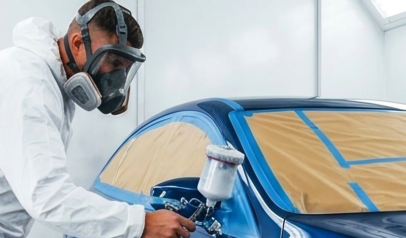 Auto-body-technician-painting-a-Fiat-car-in-the-paint-booth-at-Downtown-Garage-and-Auto-Body-fredericksburg