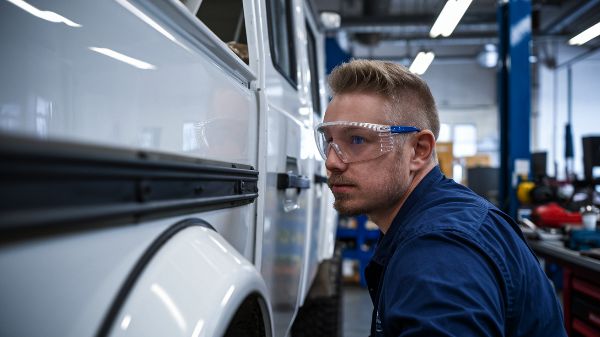 auto-body-technician-looking-at-a-fender-repair-at-Downtown-Garage-and-Auto-Body-Fredericksburg